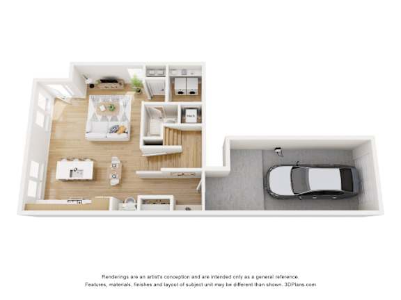 A 3D floor plan of a house with a kitchen, living room, and bedrooms.
