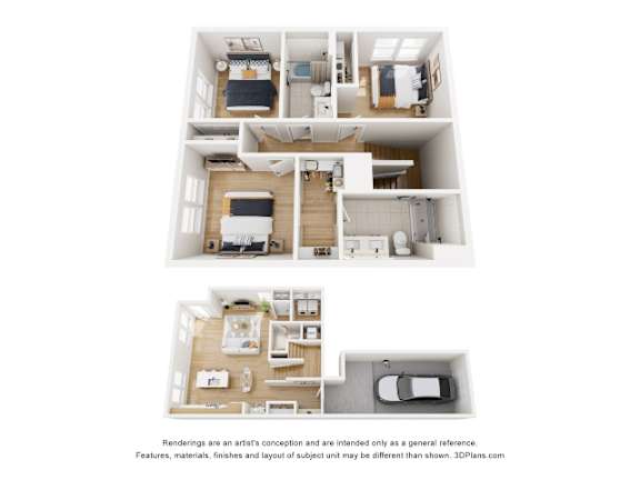 A 3D floor plan of a two-bedroom apartment with a kitchen, living room, and bathroom.