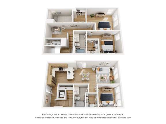 A 3D floor plan of a house with multiple rooms.