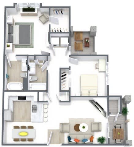 A detailed 3D floor plan of a house showing all rooms and their layouts.