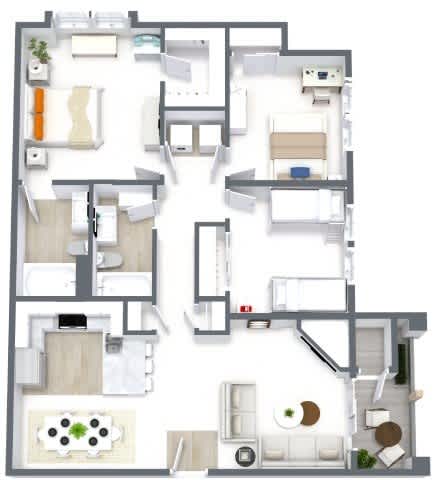 A floor plan of a house with multiple rooms and furniture layout.