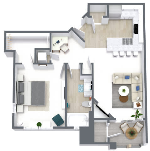 A floor plan of a house with a kitchen, living room, and bedrooms.