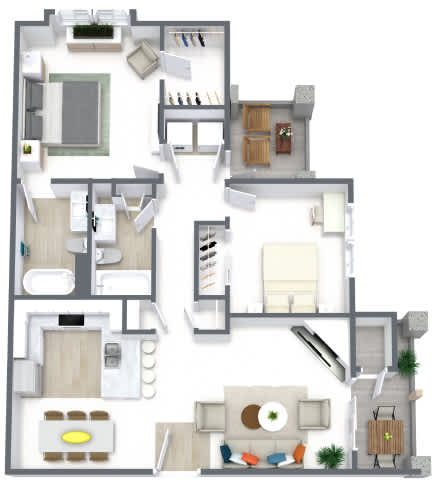 A 3D floor plan of a house with various rooms and furniture.