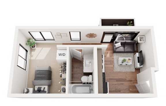 A top down view of a small apartment with a kitchen, living room, and bedroom.