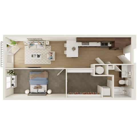 A top-down view of a bedroom with a bed, nightstand, and a small kitchenette.