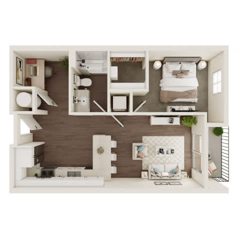 A top-down view of a modern apartment layout with a kitchen, living room, and bedroom.