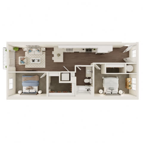 A top-down view of a modern, well-organized living space with a kitchen, dining area, and bedrooms.