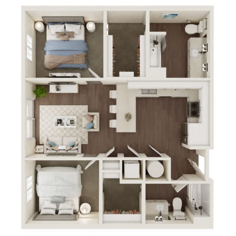 A 3D floor plan of a small apartment with a bedroom, living room, kitchen, and bathroom.
