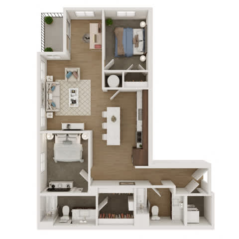 A detailed 3D floor plan of a small apartment.