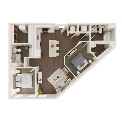 A top-down view of a small apartment layout with a bedroom, living room, and bathroom.