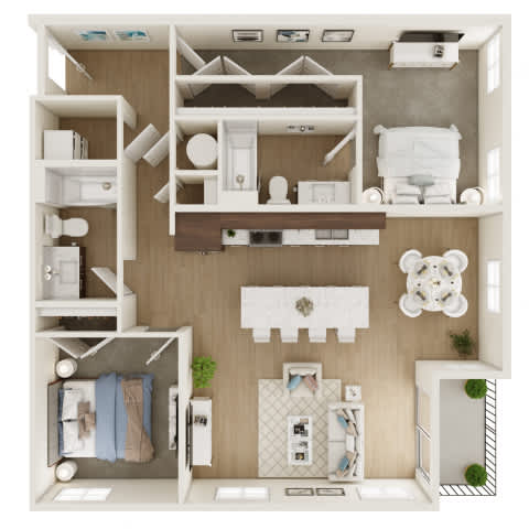 A dollhouse with a white and brown color scheme.