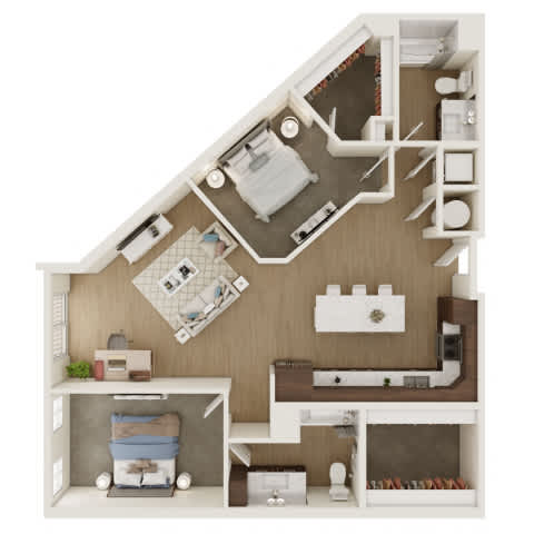 A dollhouse with a bedroom, living room, and kitchen.