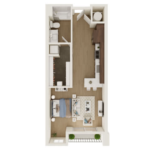A 3D rendered image of a small apartment layout.
