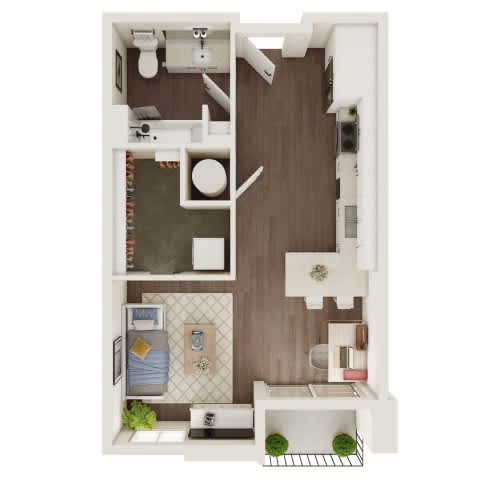 A top-down view of a small apartment with a kitchen, living room, and bathroom.