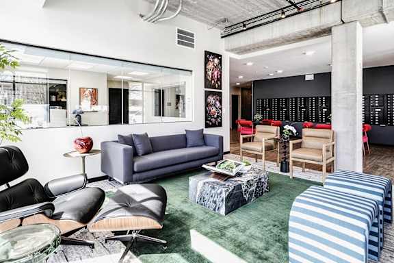 A living room with a grey sofa and a green rug.