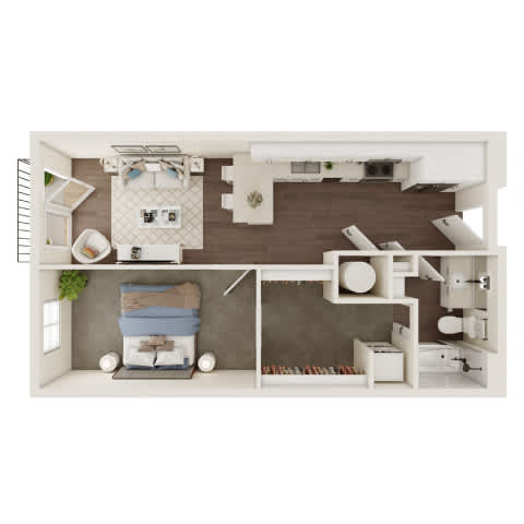 A dollhouse with a bedroom, living room, and kitchen.