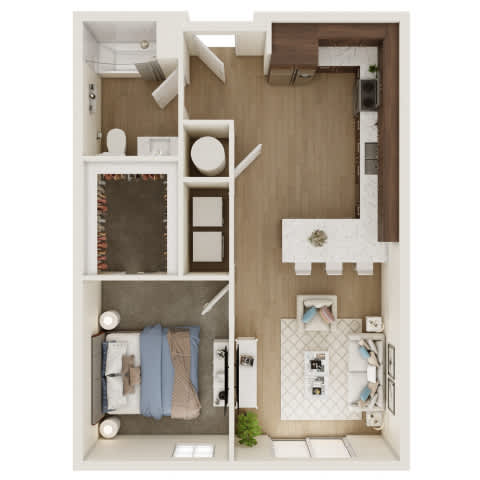 A top-down view of a small apartment with a kitchen, living room, and bathroom.