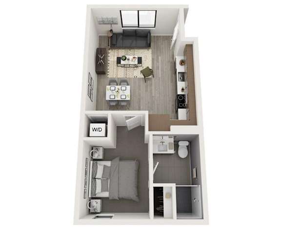 A floor plan of a small apartment with a living room, kitchen, and bathroom.