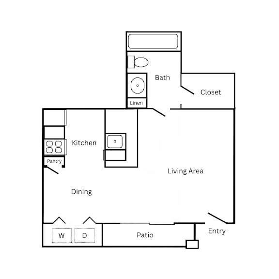 A drawing of a house with a living area, dining room, kitchen, bathroom, pantry, closet, and entry.
