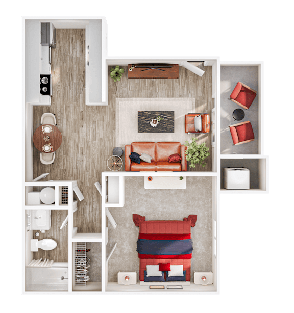 A top-down view of a small apartment with a kitchen, living room, and bathroom.