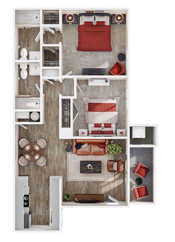 A top-down view of a small apartment with a kitchen, living room, and bathroom.