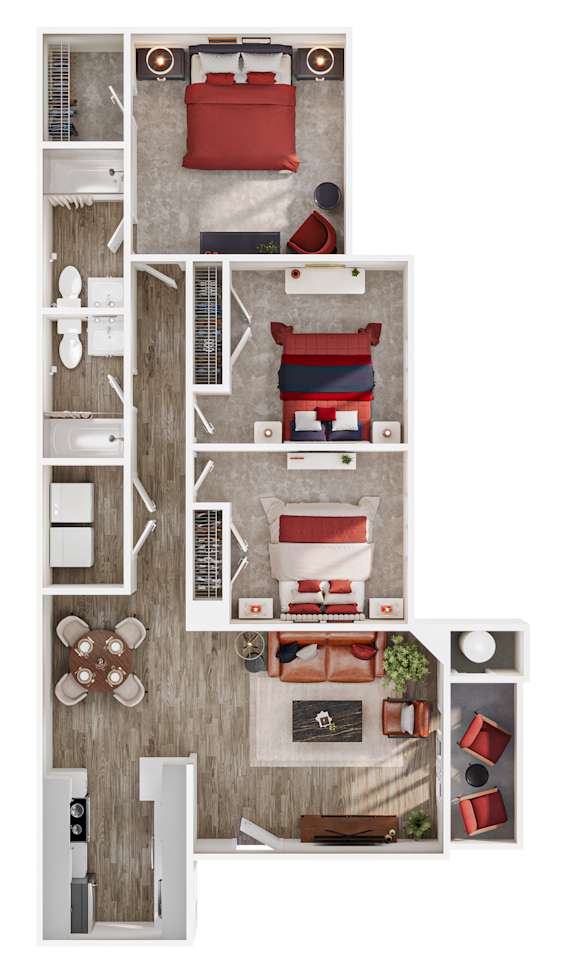A top-down view of a room with a bed, desk, and chair.