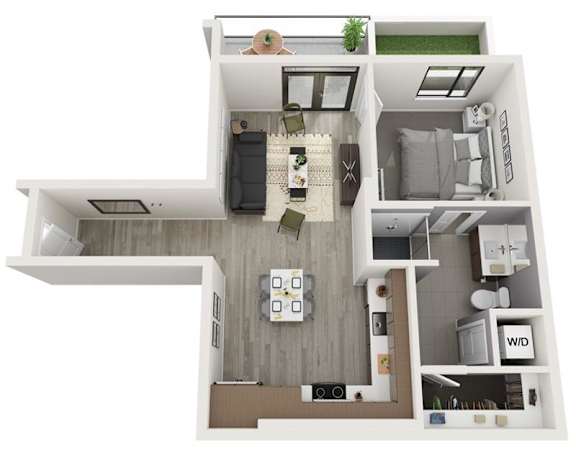 A top-down view of a modern apartment layout with a living room, kitchen, and bedroom.