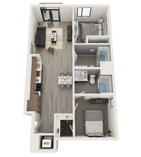 A floor plan of a small apartment with a living room, kitchen, and bathroom.
