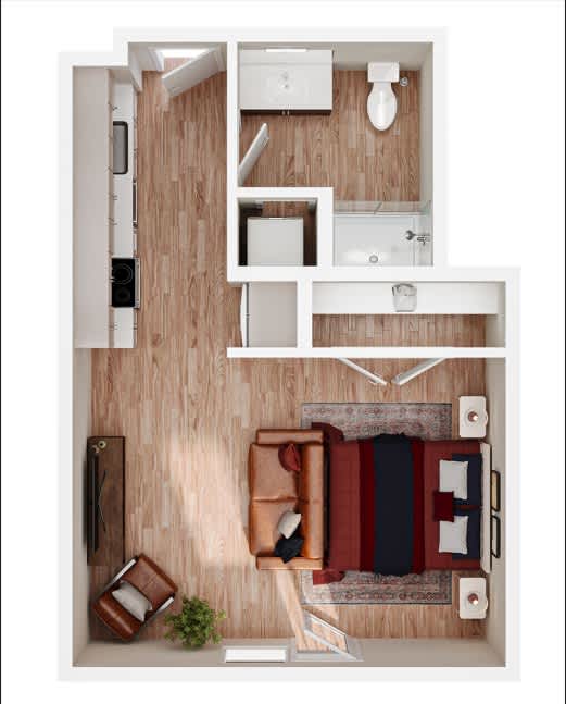 A top-down view of a modern apartment layout with a living area, kitchen, and bedroom.