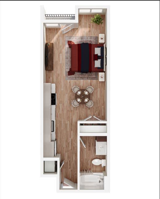 A top-down view of a small apartment with a kitchen, living room, and bathroom.