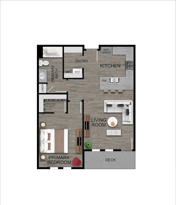 A floor plan of a house with a primary bedroom, living room, kitchen, and bathrooms.