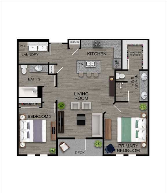 A floor plan of a house with a living room, two bedrooms, a laundry room, and a kitchen.
