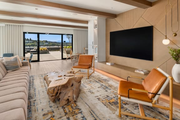a living room with a couch and chairs and a television at Liza Apartments, Seattle, 98102