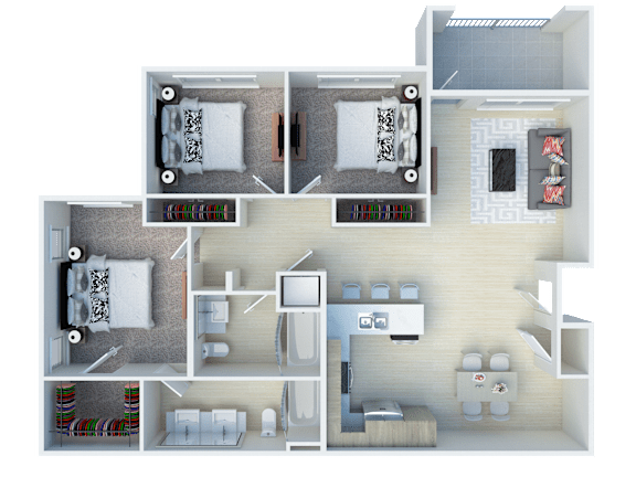 A floor plan of a small apartment with two bedrooms, a living room, and a kitchen.