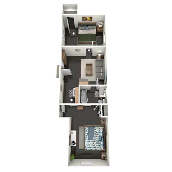 A floor plan of a 2 bedroom apartment with a kitchen, living room, and bathroom.