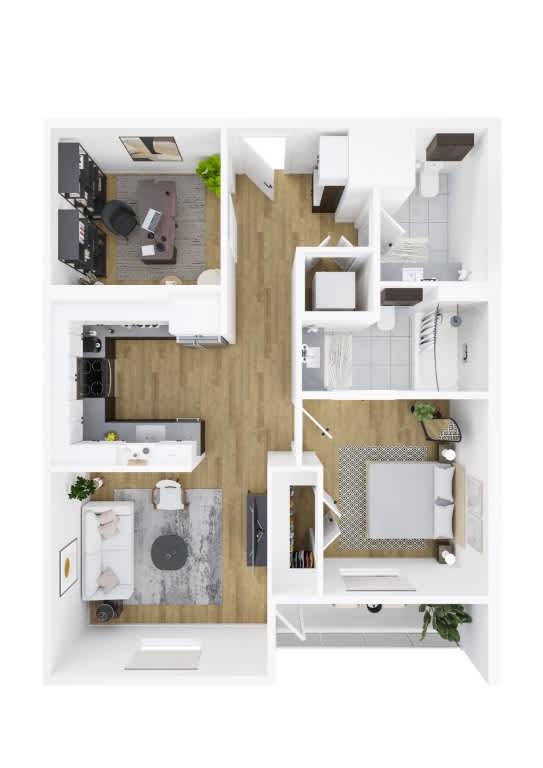 A top-down view of a small apartment with a kitchen, living room, and bathroom.