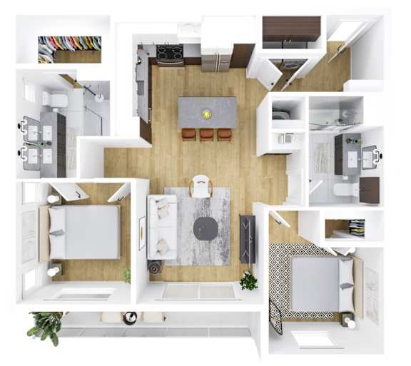 A top-down view of a modern kitchen and living room.
