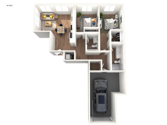 A 3D rendering of a 2 bedroom apartment home at Rancho Valencia apartments with a car garage.