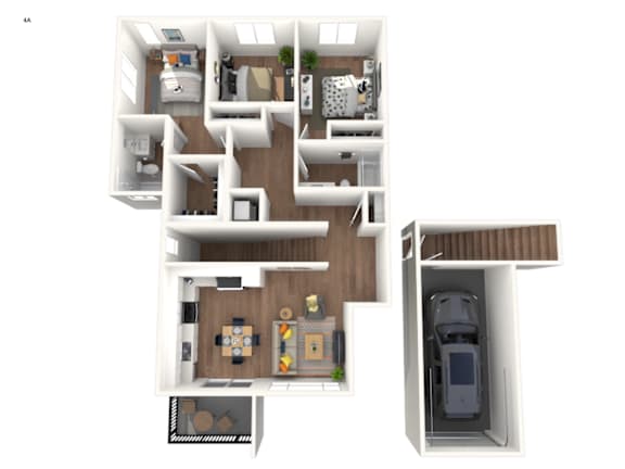 A 3D floor plan of C1 apartment home at Rancho Valencia with a kitchen, living room, and 3 bedrooms and 2 bathrooms