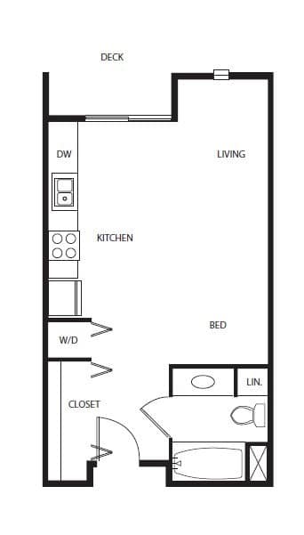 A floor plan of a small apartment with a kitchen, living room, bedroom, and closet.
