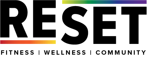 A logo with the word RESET in large black letters with the words Fitness, Wellness, and Community underneath.