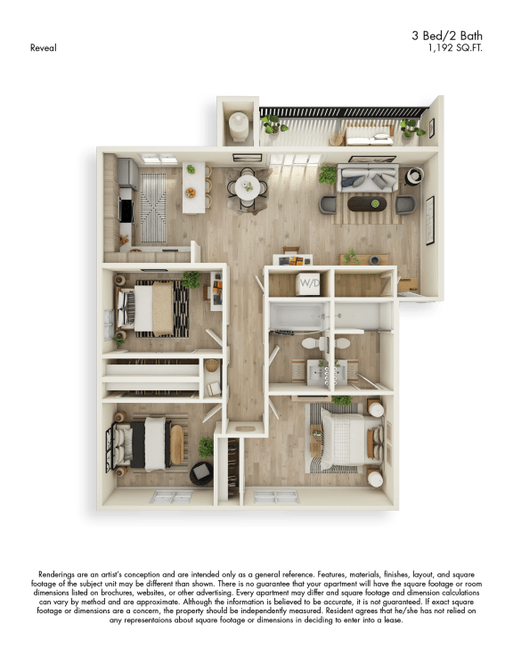 Reveal 3D Floor Plan 3 Bed 2 Bath 1192sf