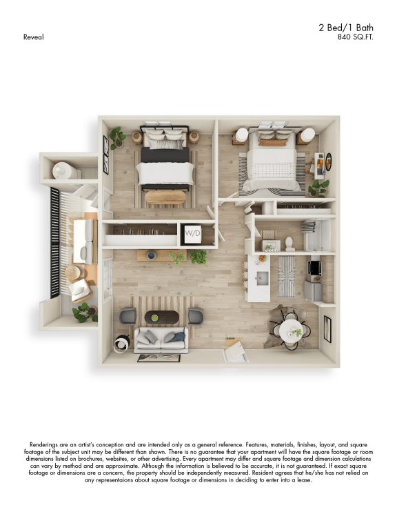 Reveal 3D Floor Plan 2 Bed 1 Bath 840sf