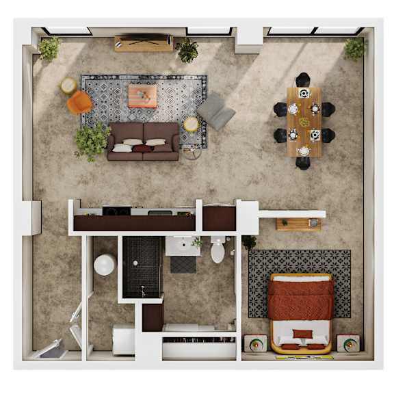 A top-down view of a living room with a couch, coffee table, and a dining table with chairs.
