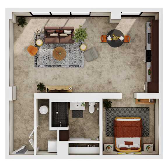 A top-down view of a living room with a couch, coffee table, and kitchen area.