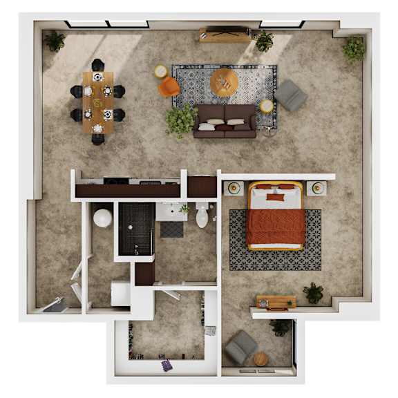 A top-down view of a living room with a dining table and couch.