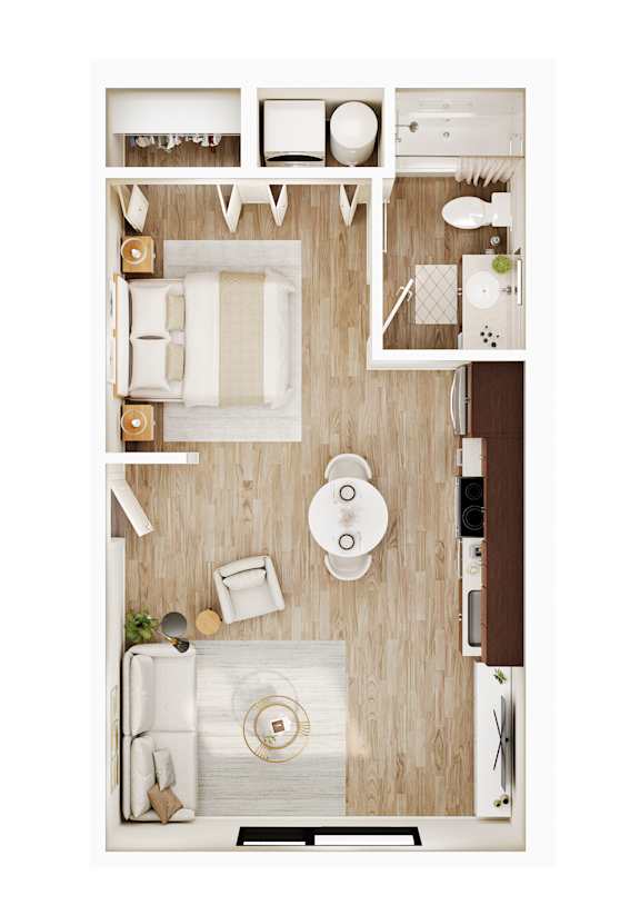 A top-down view of a modern, minimalist kitchen and living room.