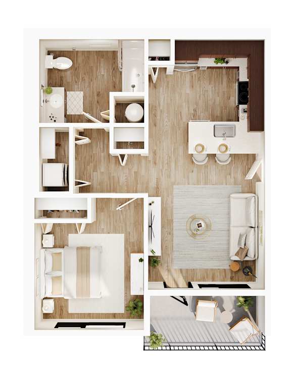 A top-down view of a modern, minimalist apartment layout.