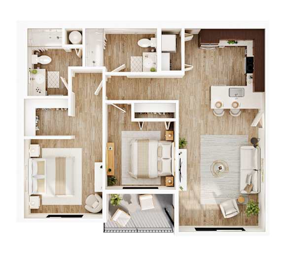 A top-down view of a small apartment with a kitchen, living room, and bathroom.