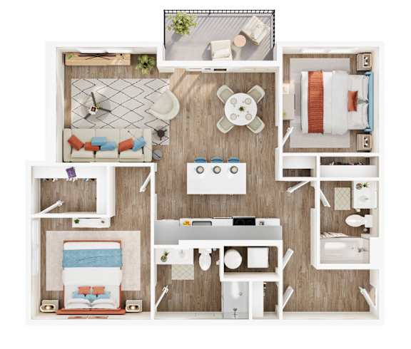 A top-down view of a room layout with a couch, table, and chairs.